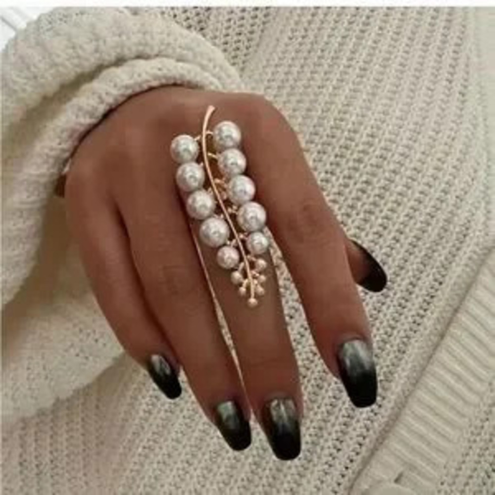 Gold Long Shell Pearl Leaf Adjustable Ring